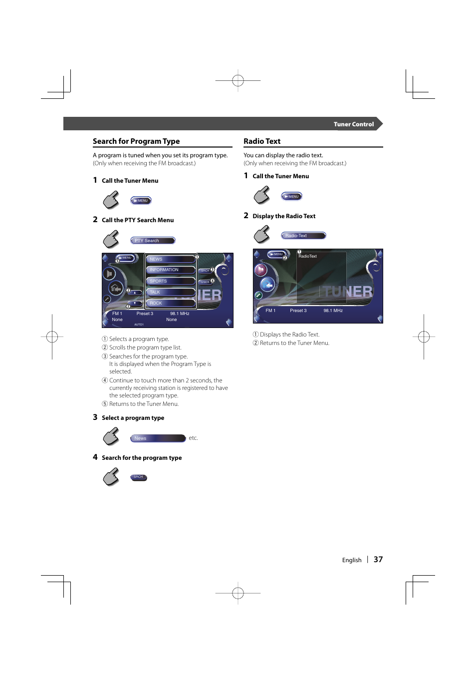 Tuner, Search for program type, Radio text | Kenwood Excelon KVT-817DVD User Manual | Page 37 / 112