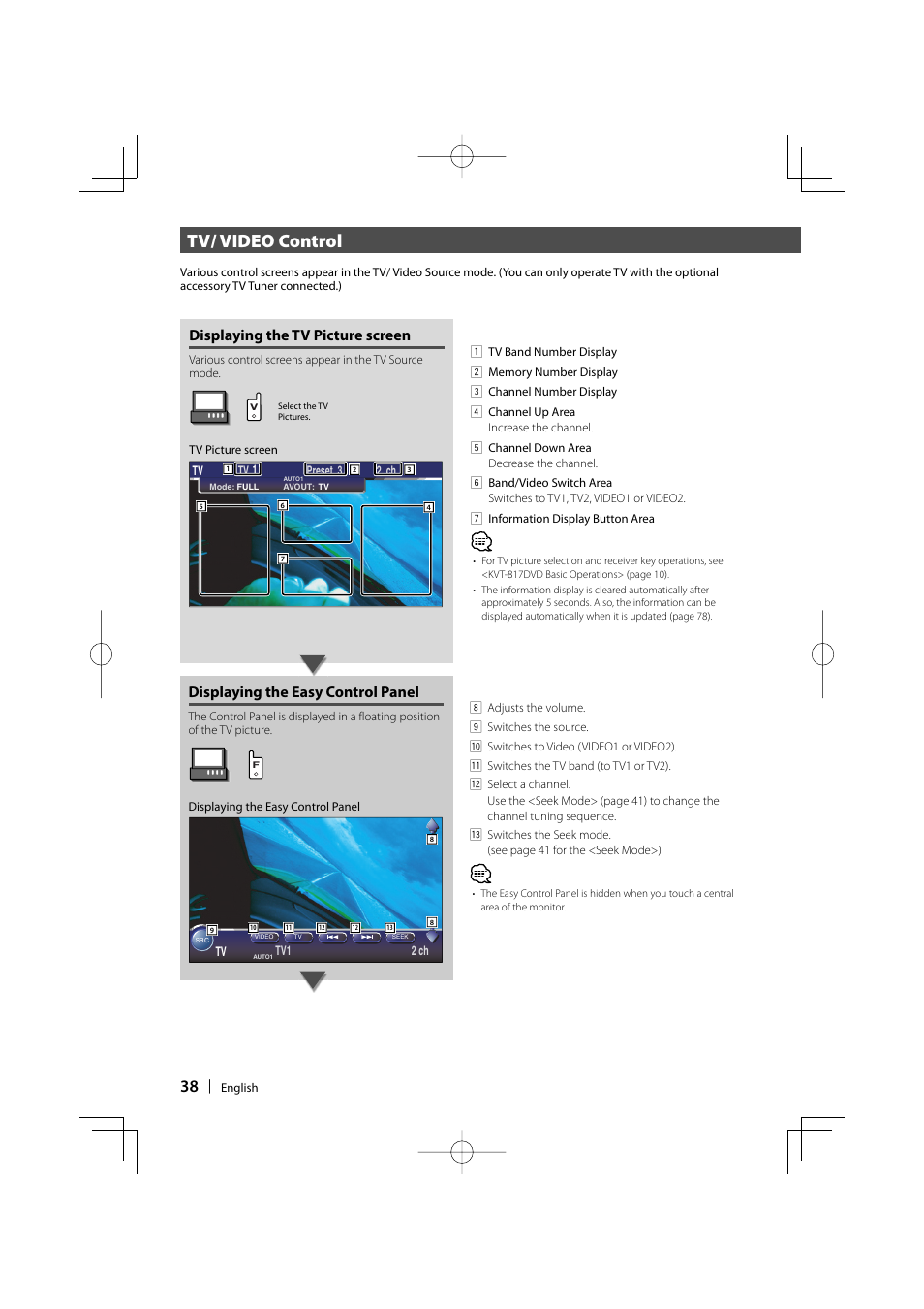 Tv/ video control, Displaying the tv picture screen, Displaying the easy control panel | Kenwood Excelon KVT-817DVD User Manual | Page 38 / 112