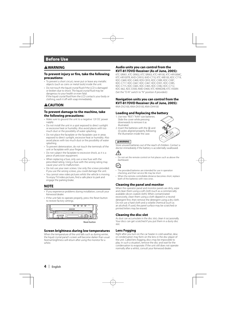 Before use, 2 warning, 2 caution | Kenwood Excelon KVT-817DVD User Manual | Page 4 / 112