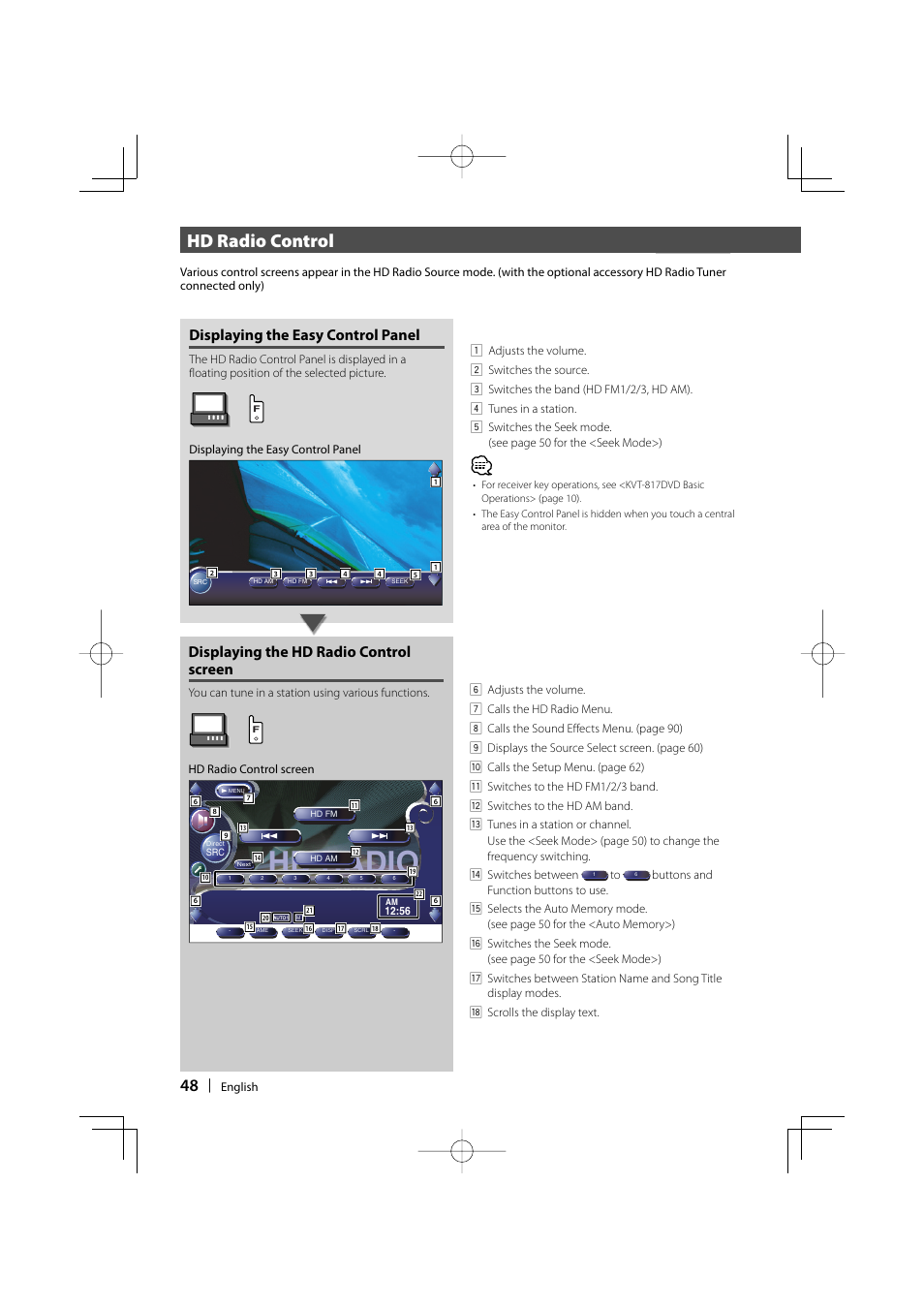 Hd radio, Hd radio control, Displaying the easy control panel | Displaying the hd radio control screen | Kenwood Excelon KVT-817DVD User Manual | Page 48 / 112