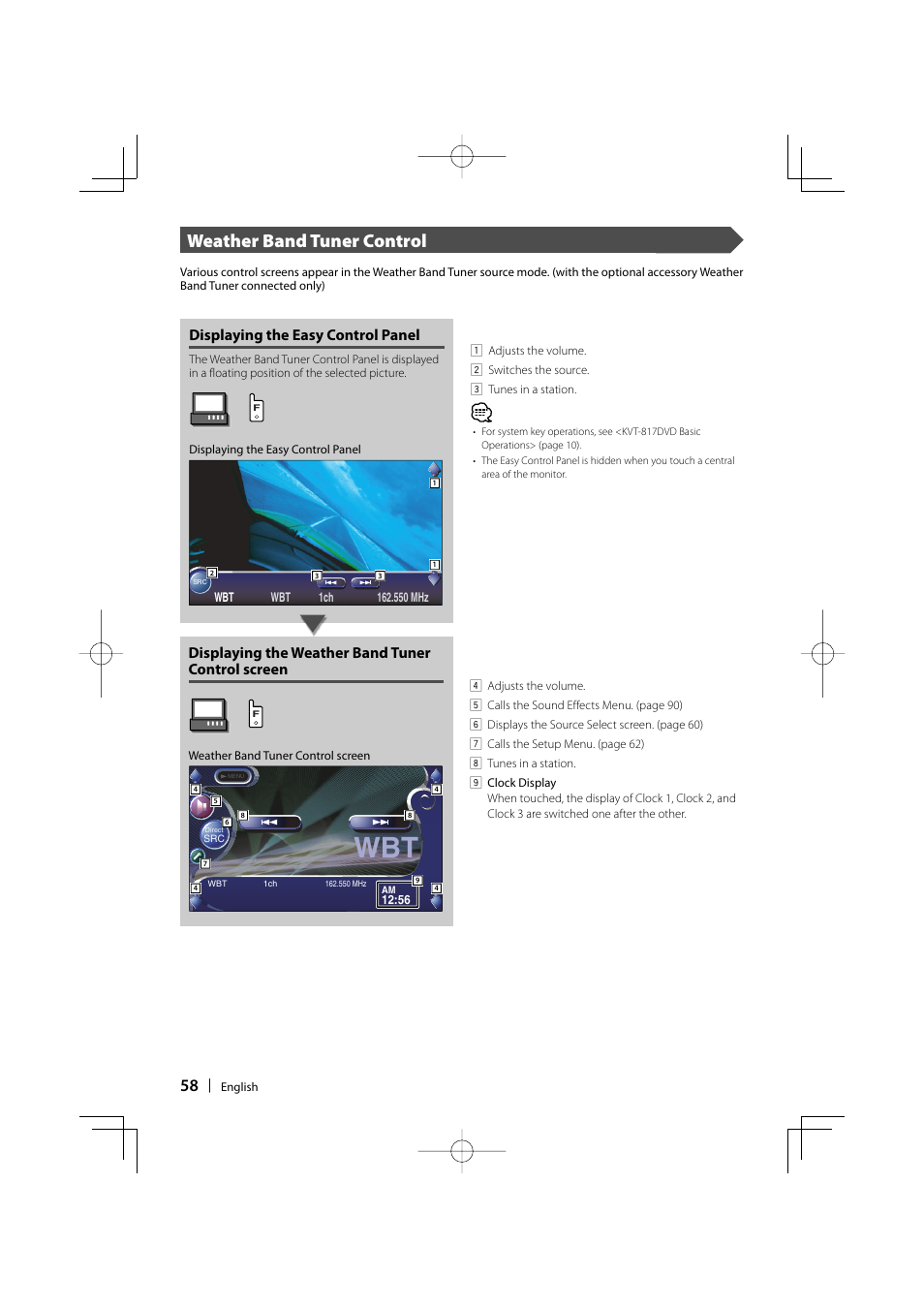 Weather band tuner control, Displaying the easy control panel, Displaying the weather band tuner control screen | Kenwood Excelon KVT-817DVD User Manual | Page 58 / 112