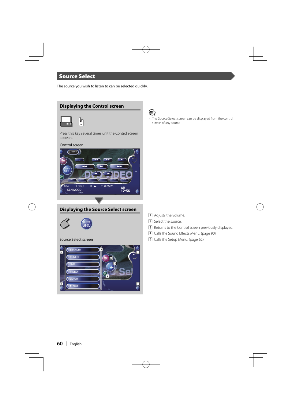 Dvd video, Source select, Displaying the control screen | Displaying the source select screen | Kenwood Excelon KVT-817DVD User Manual | Page 60 / 112