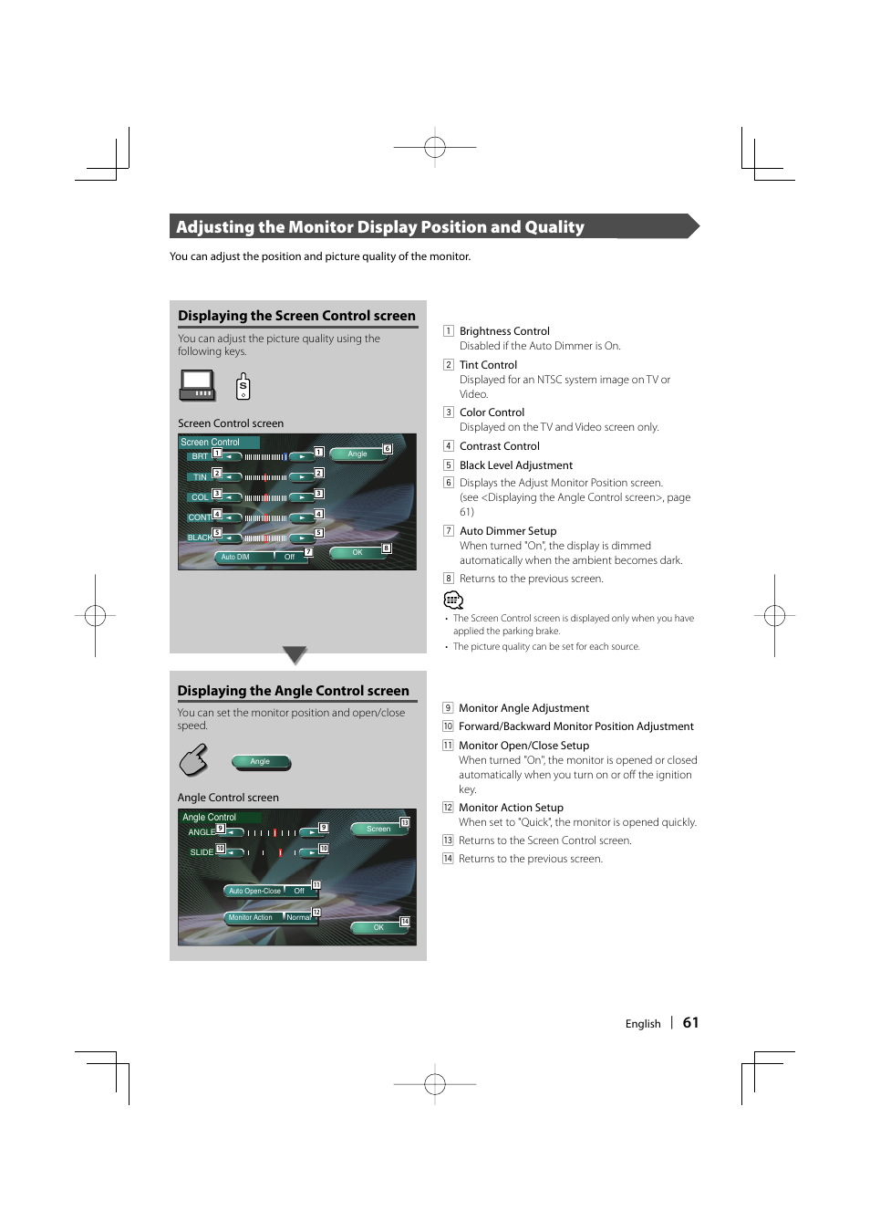 Adjusting the monitor display position and quality, Displaying the screen control screen, Displaying the angle control screen | Kenwood Excelon KVT-817DVD User Manual | Page 61 / 112