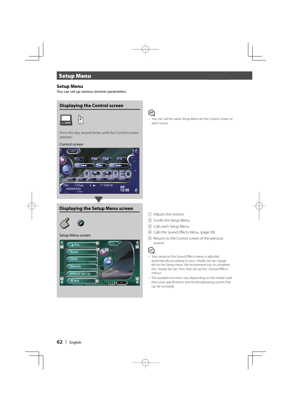 Dvd video, Setup menu, Displaying the control screen | Displaying the setup menu screen | Kenwood Excelon KVT-817DVD User Manual | Page 62 / 112