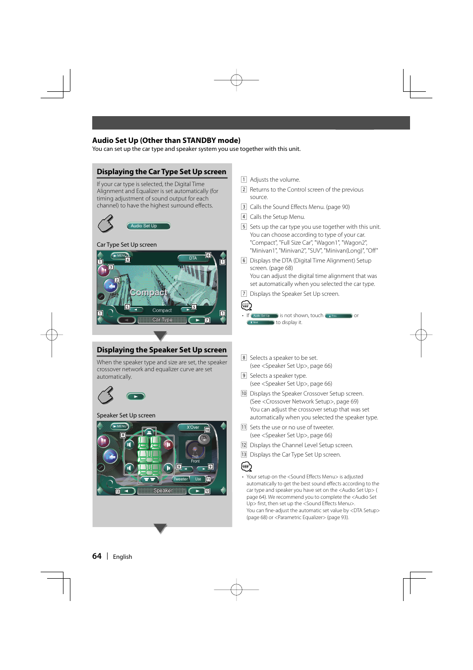 Compact, Audio set up (other than standby mode), Displaying the car type set up screen | Displaying the speaker set up screen | Kenwood Excelon KVT-817DVD User Manual | Page 64 / 112
