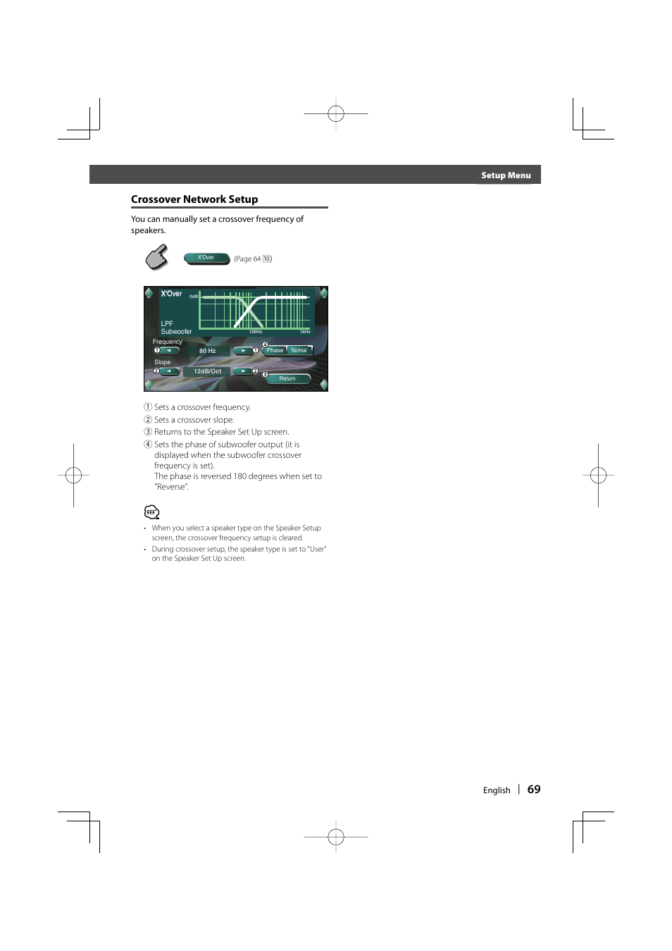 Before use, Crossover network setup | Kenwood Excelon KVT-817DVD User Manual | Page 69 / 112