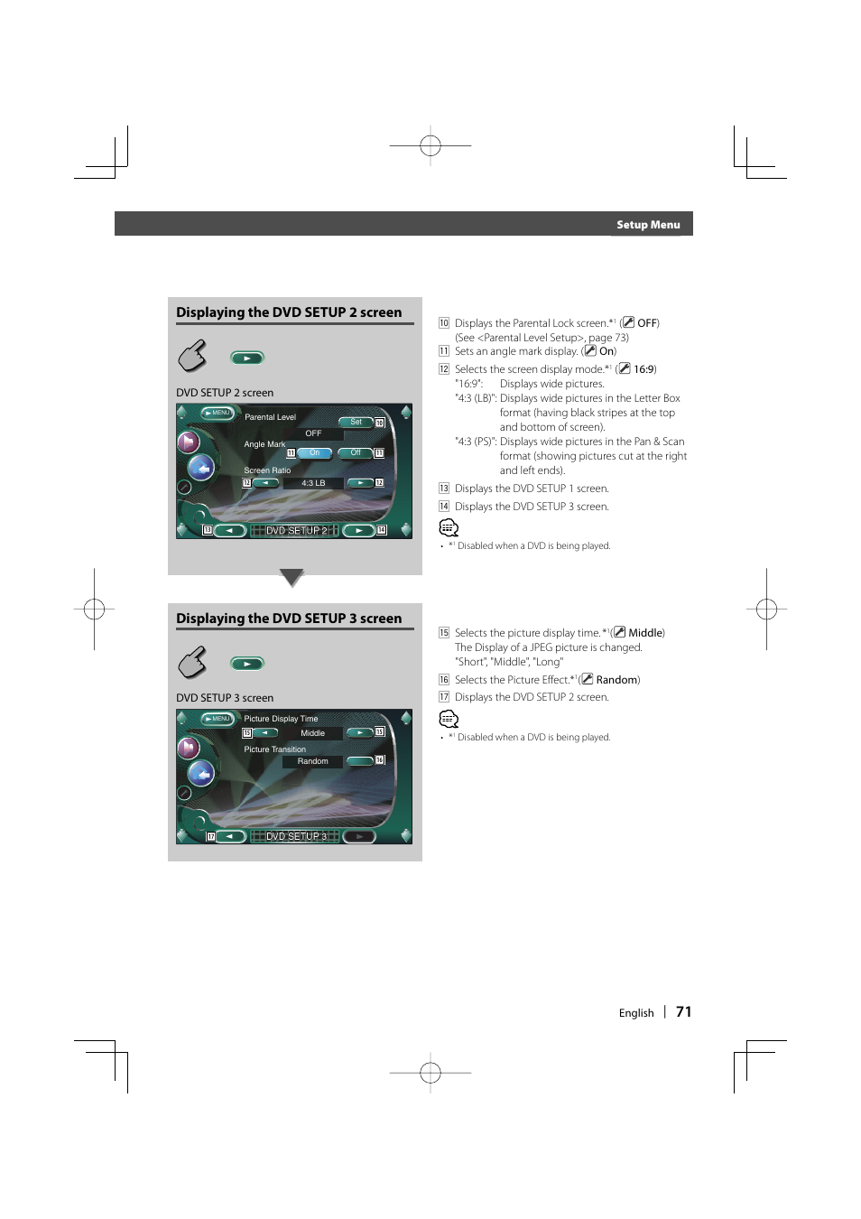 Before use, Displaying the dvd setup 2 screen, Displaying the dvd setup 3 screen | Kenwood Excelon KVT-817DVD User Manual | Page 71 / 112