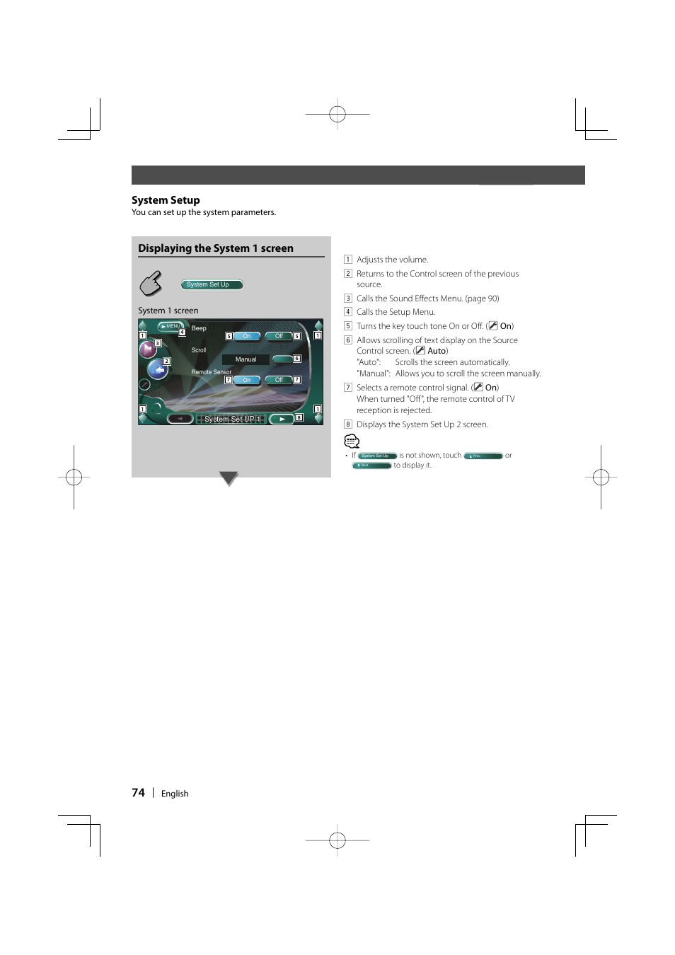 System setup, Displaying the system 1 screen | Kenwood Excelon KVT-817DVD User Manual | Page 74 / 112