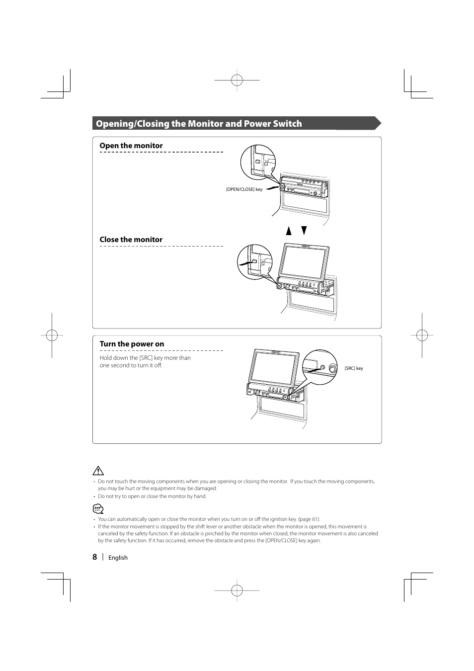 Opening/closing the monitor and power switch | Kenwood Excelon KVT-817DVD User Manual | Page 8 / 112