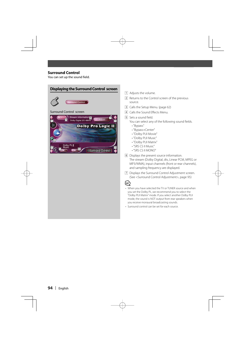 Surround control, Displaying the surround control screen | Kenwood Excelon KVT-817DVD User Manual | Page 94 / 112