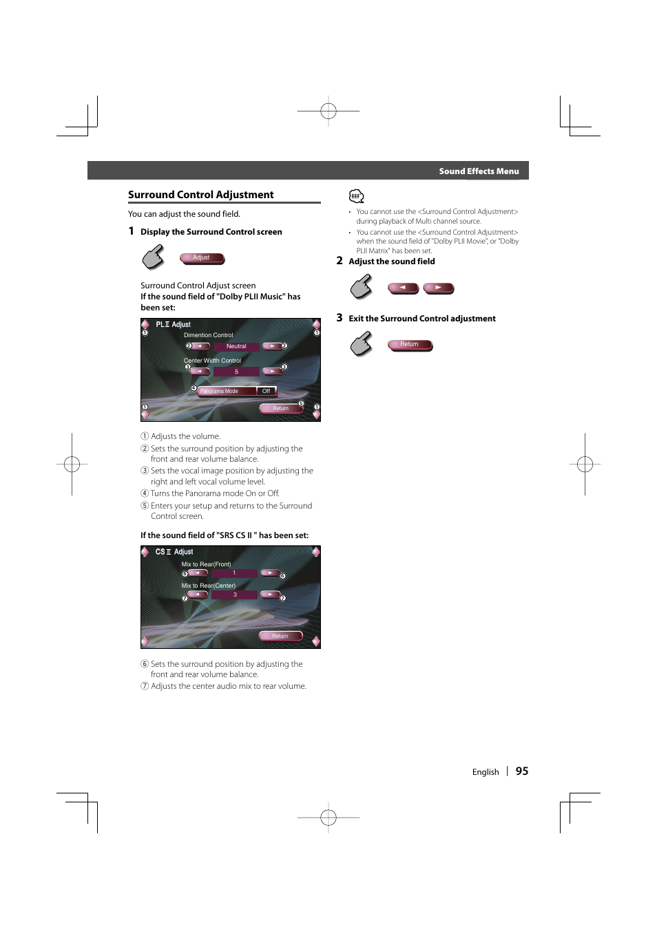 Surround control adjustment | Kenwood Excelon KVT-817DVD User Manual | Page 95 / 112