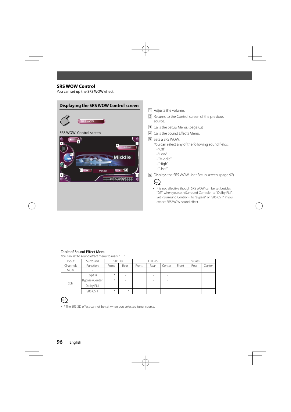 Srs wow control, Displaying the srs wow control screen | Kenwood Excelon KVT-817DVD User Manual | Page 96 / 112