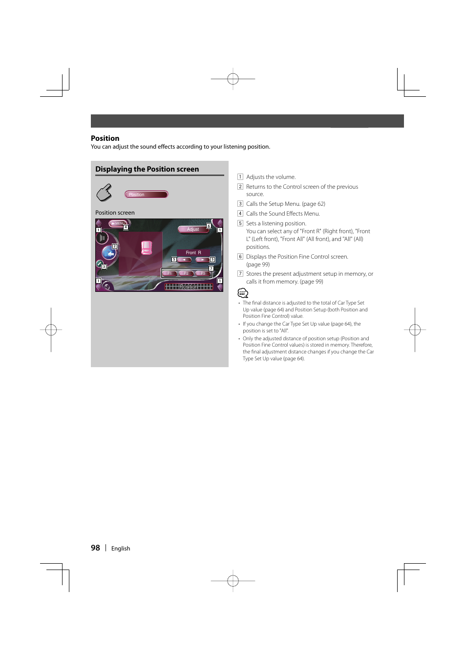 Position, Displaying the position screen | Kenwood Excelon KVT-817DVD User Manual | Page 98 / 112