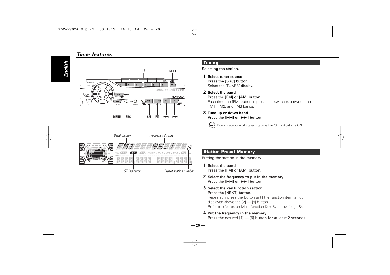 Tuner features | Kenwood KDC-7024 User Manual | Page 20 / 52