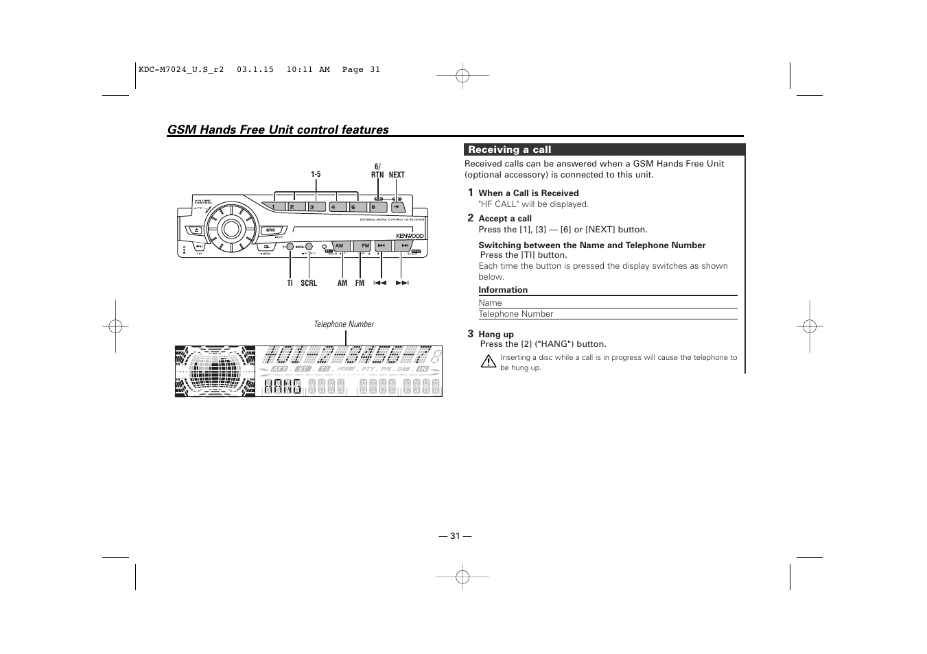 Gsm hands free unit control features | Kenwood KDC-7024 User Manual | Page 31 / 52