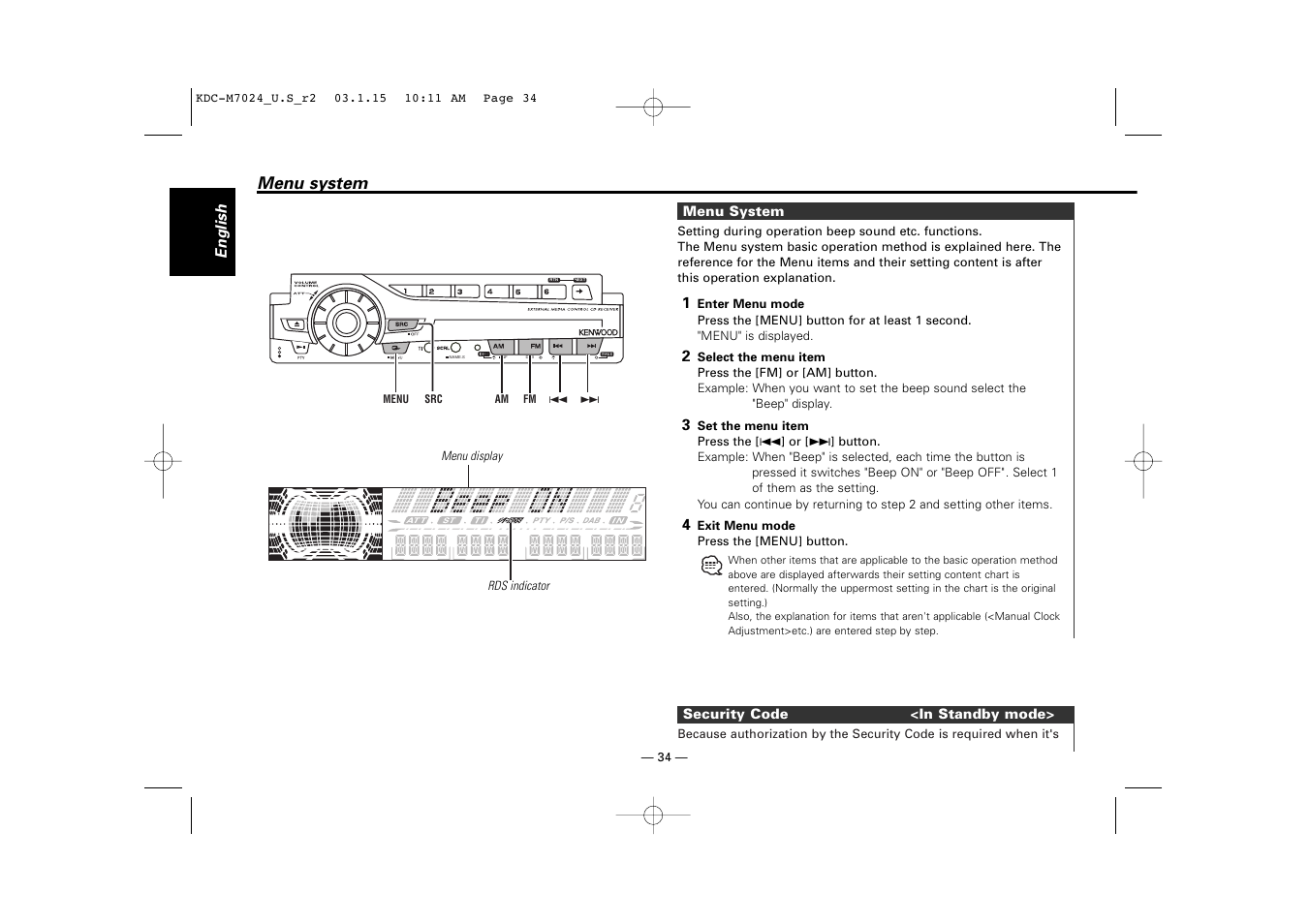 Menu system | Kenwood KDC-7024 User Manual | Page 34 / 52