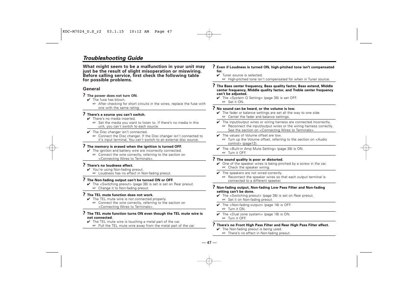 Troubleshooting guide | Kenwood KDC-7024 User Manual | Page 47 / 52