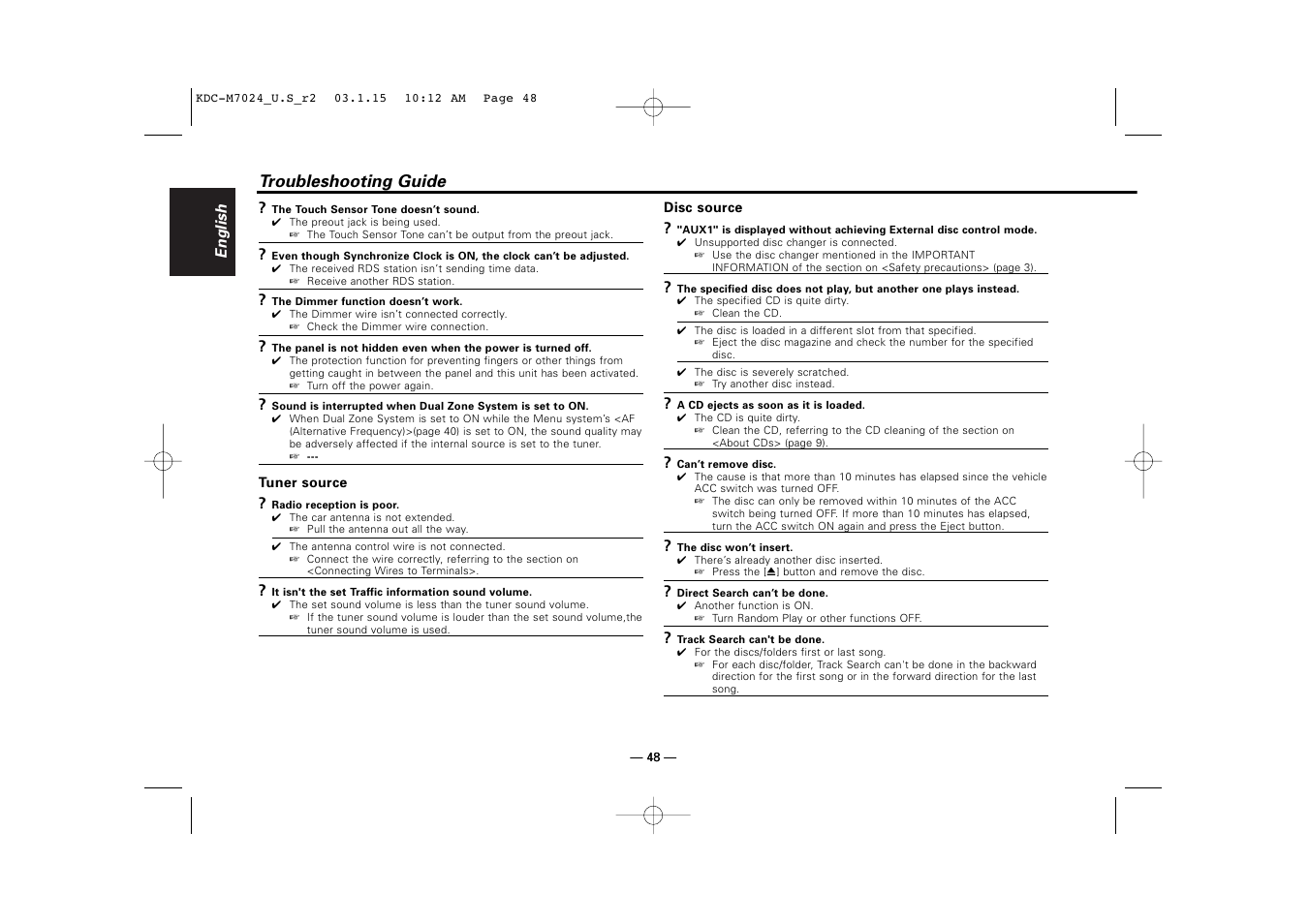 Troubleshooting guide | Kenwood KDC-7024 User Manual | Page 48 / 52