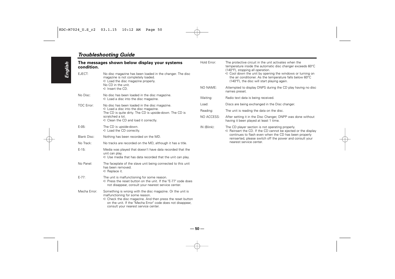 Troubleshooting guide, English | Kenwood KDC-7024 User Manual | Page 50 / 52