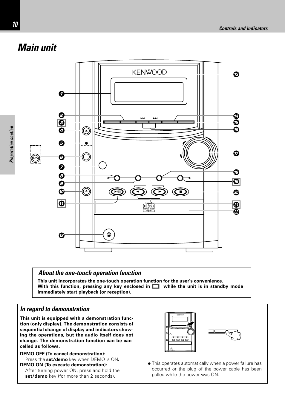 Main unit, About the one-touch operation function, Controls and indicators | Kenwood HM-332 User Manual | Page 10 / 48