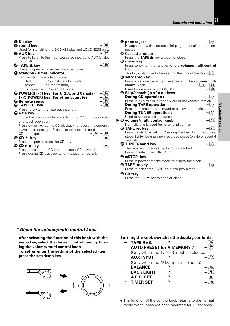 About the volume/multi control knob | Kenwood HM-332 User Manual | Page 11 / 48