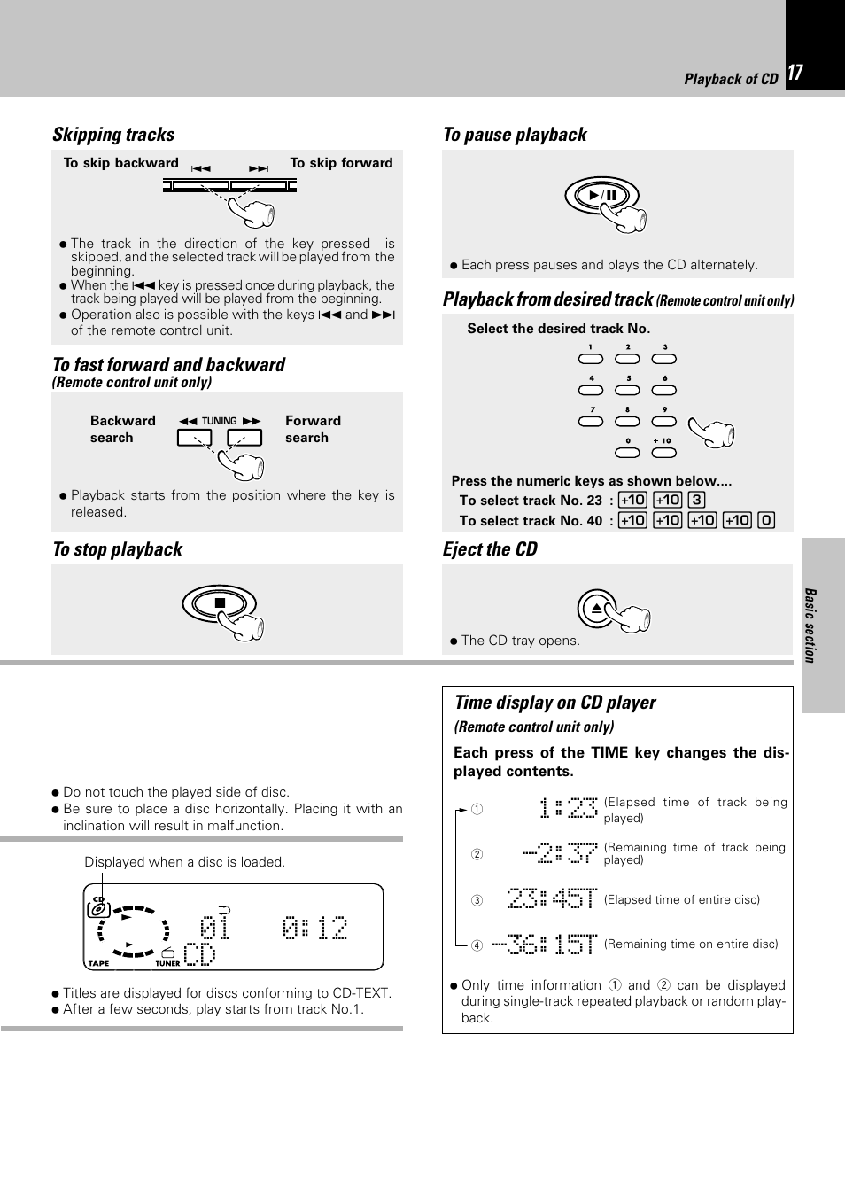 Skipping tracks, Playback from desired track, Time display on cd player | Eject the cd | Kenwood HM-332 User Manual | Page 17 / 48