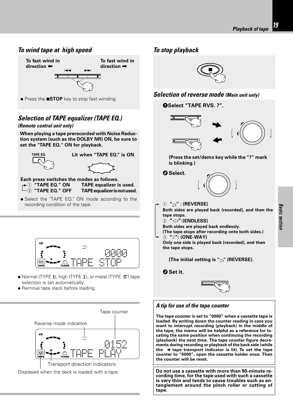 Selection of tape equalizer (tape eq.) | Kenwood HM-332 User Manual | Page 19 / 48