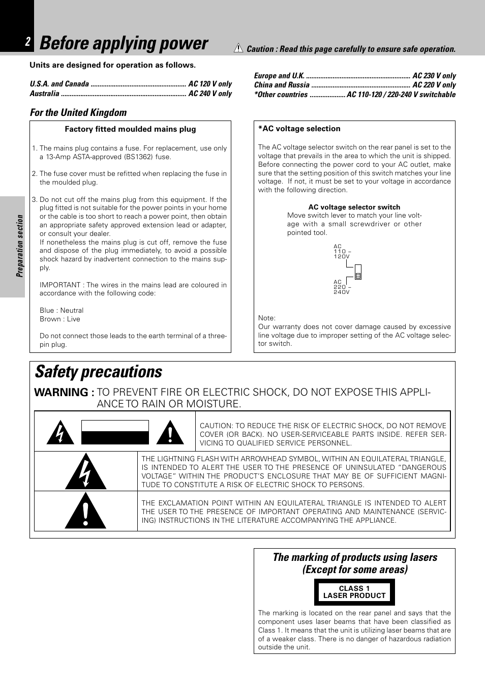 Before applying power, Safety precautions, Warning | For the united kingdom | Kenwood HM-332 User Manual | Page 2 / 48