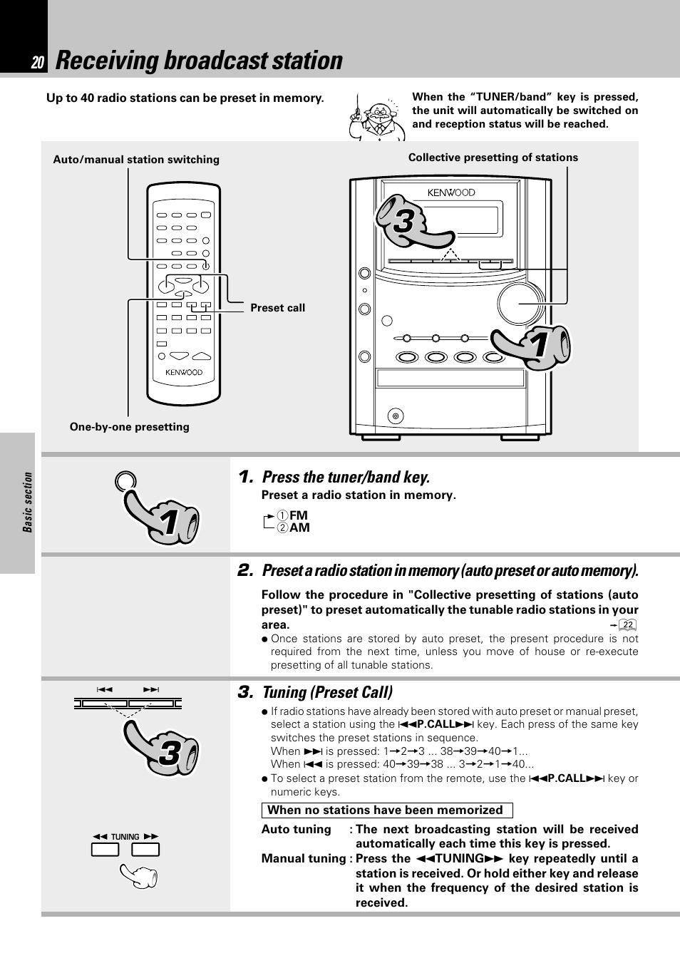 Receiving broadcast station | Kenwood HM-332 User Manual | Page 20 / 48