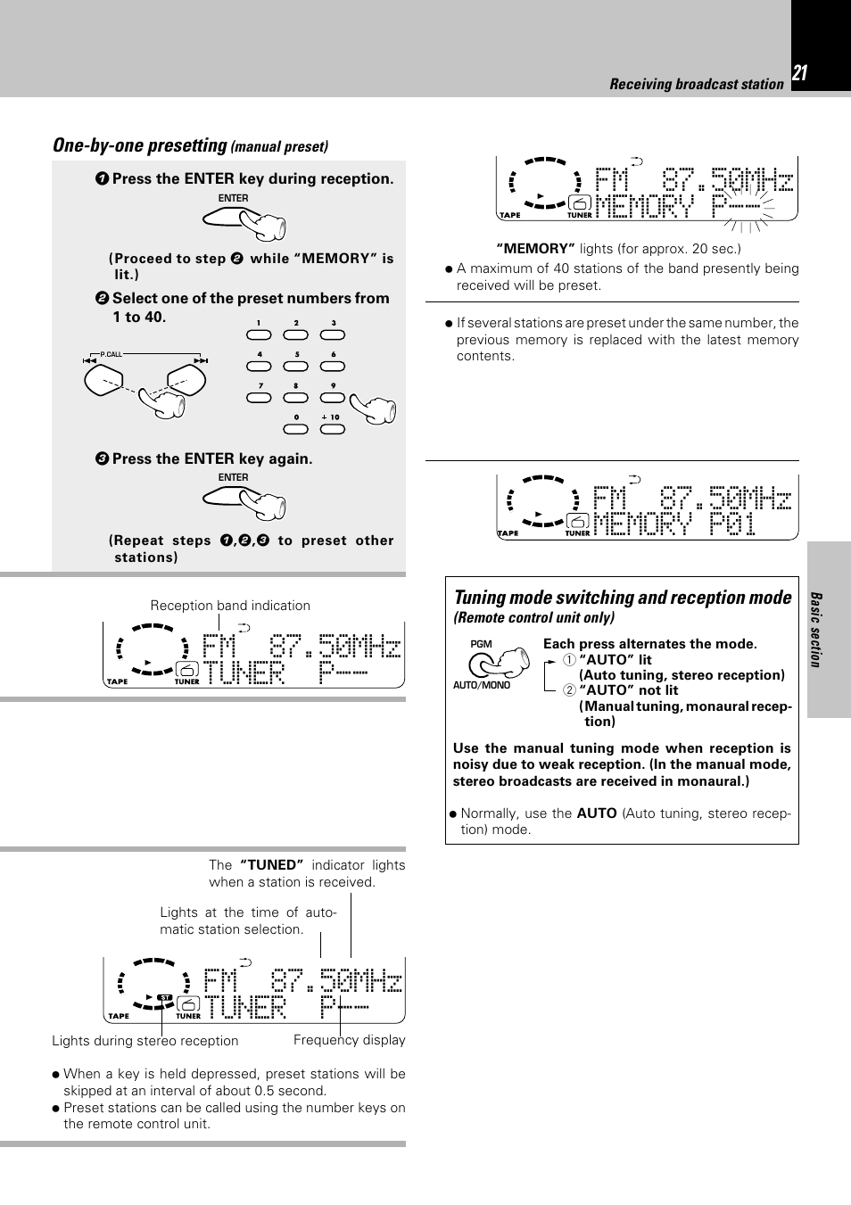 Tfm 87.50mhz uner p-- w e, Mfm 87.50mhz emory p-- w e | Kenwood HM-332 User Manual | Page 21 / 48