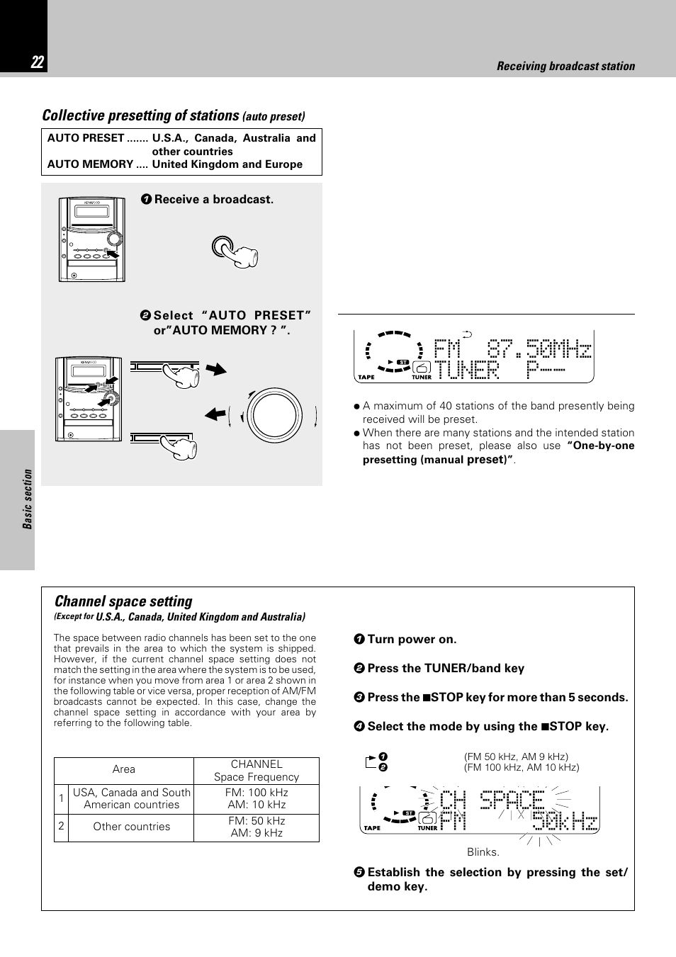 Collective presetting of stations (auto preset), Channel space setting, Tfm 87.50mhz uner p-- w e | Collective presetting of stations | Kenwood HM-332 User Manual | Page 22 / 48