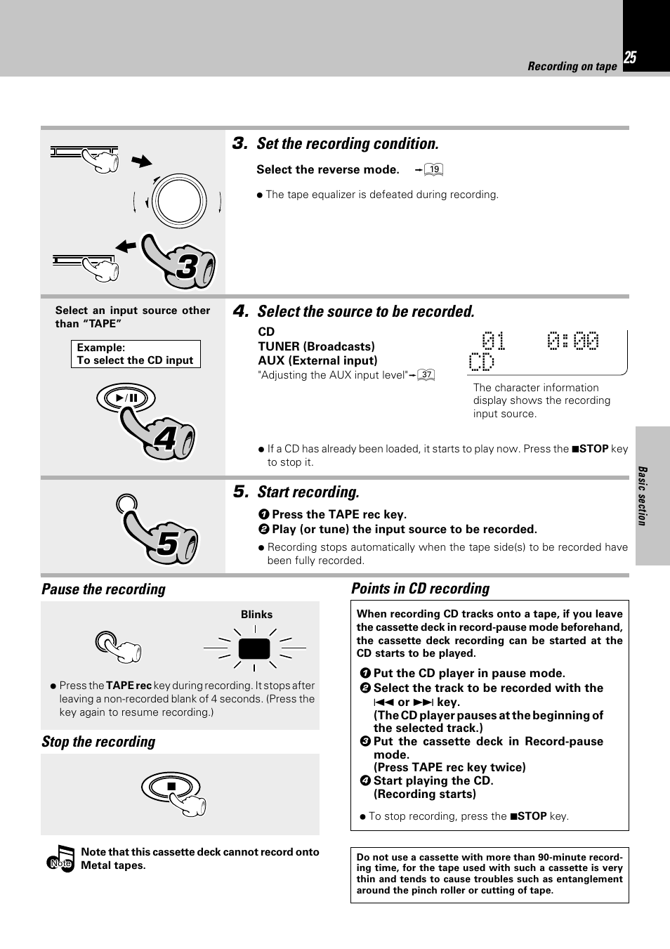 Select the source to be recorded, Start recording, Set the recording condition | Kenwood HM-332 User Manual | Page 25 / 48