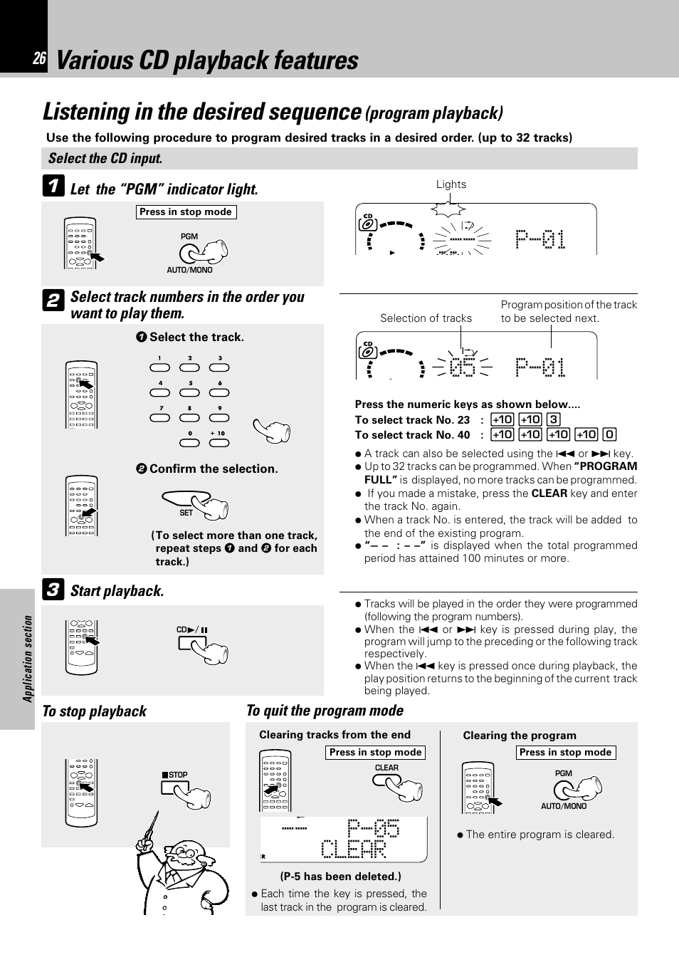 Various cd playback features, Listening in the desired sequence, C-- p-01 d kenwood | 05 p-01, P-05 clear, Program playback) | Kenwood HM-332 User Manual | Page 26 / 48