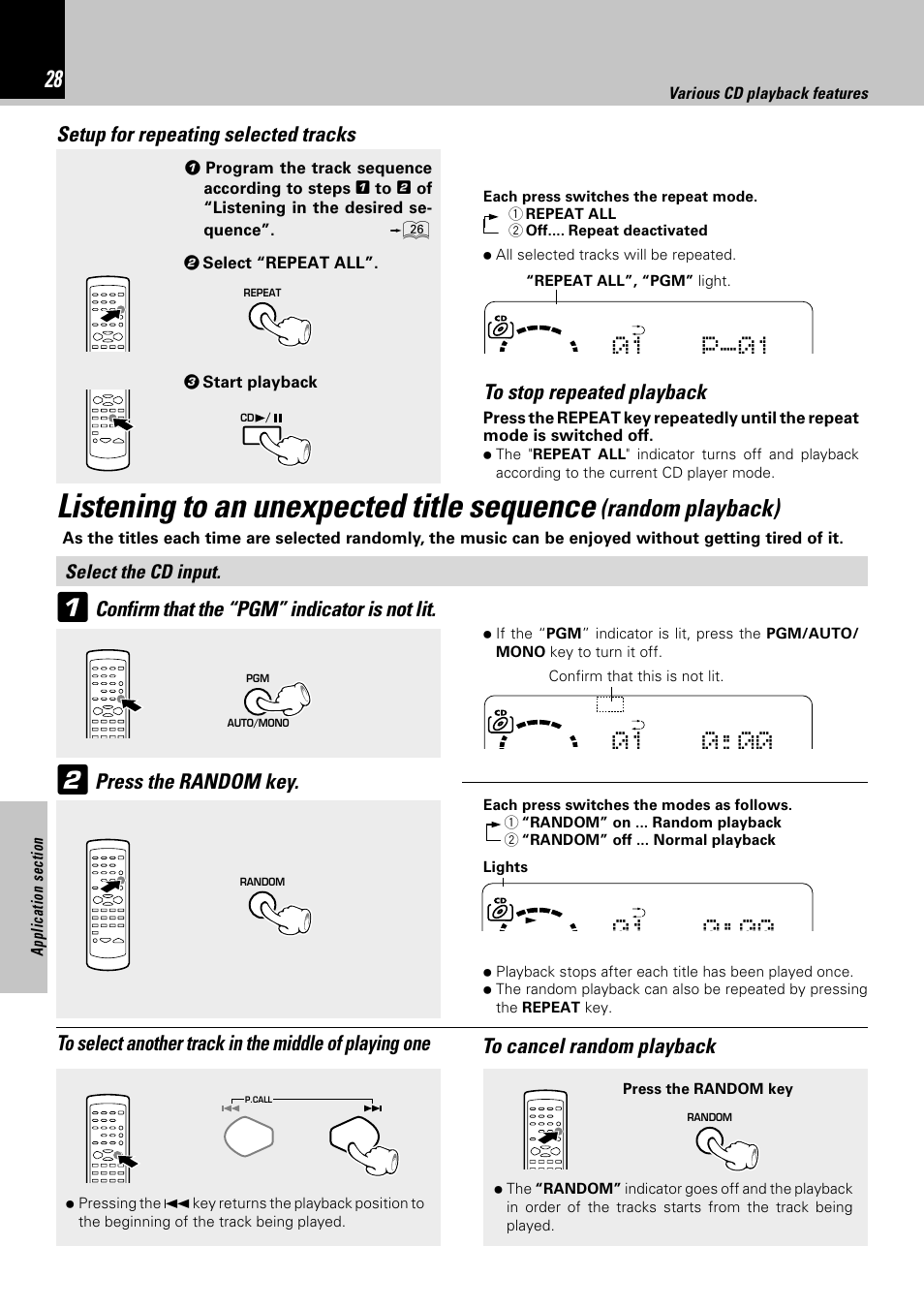 Listening to an unexpected title sequence, 01 p-01, Random playback) | Confirm that the “pgm” indicator is not lit, Press the random key, Setup for repeating selected tracks | Kenwood HM-332 User Manual | Page 28 / 48