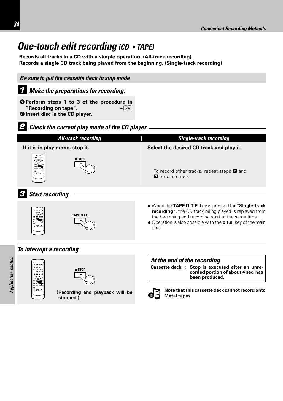 One-touch edit recording (cd→tape), One-touch edit recording, Tape) | Kenwood HM-332 User Manual | Page 34 / 48