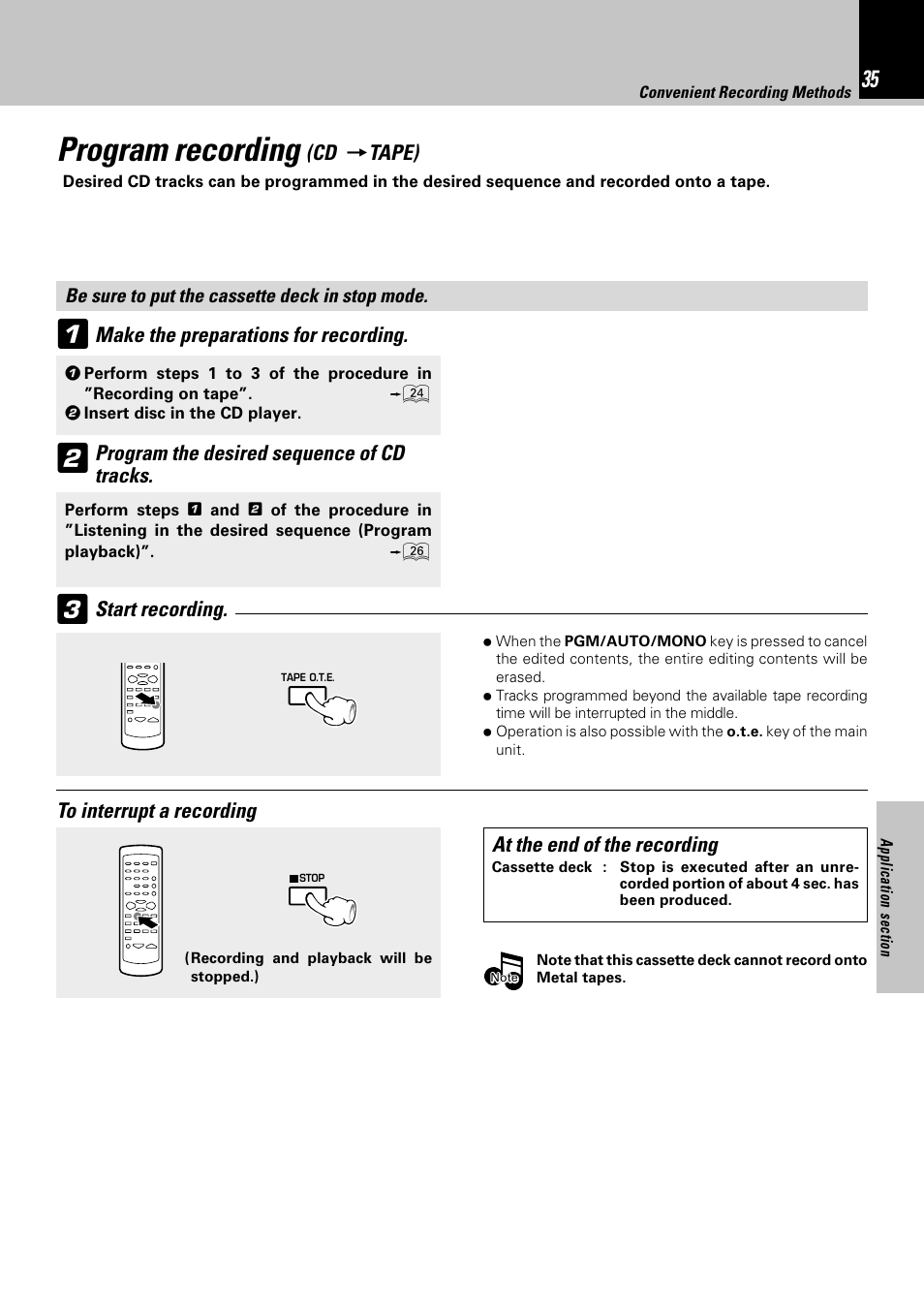 Program recording (cd→tape), Program recording | Kenwood HM-332 User Manual | Page 35 / 48