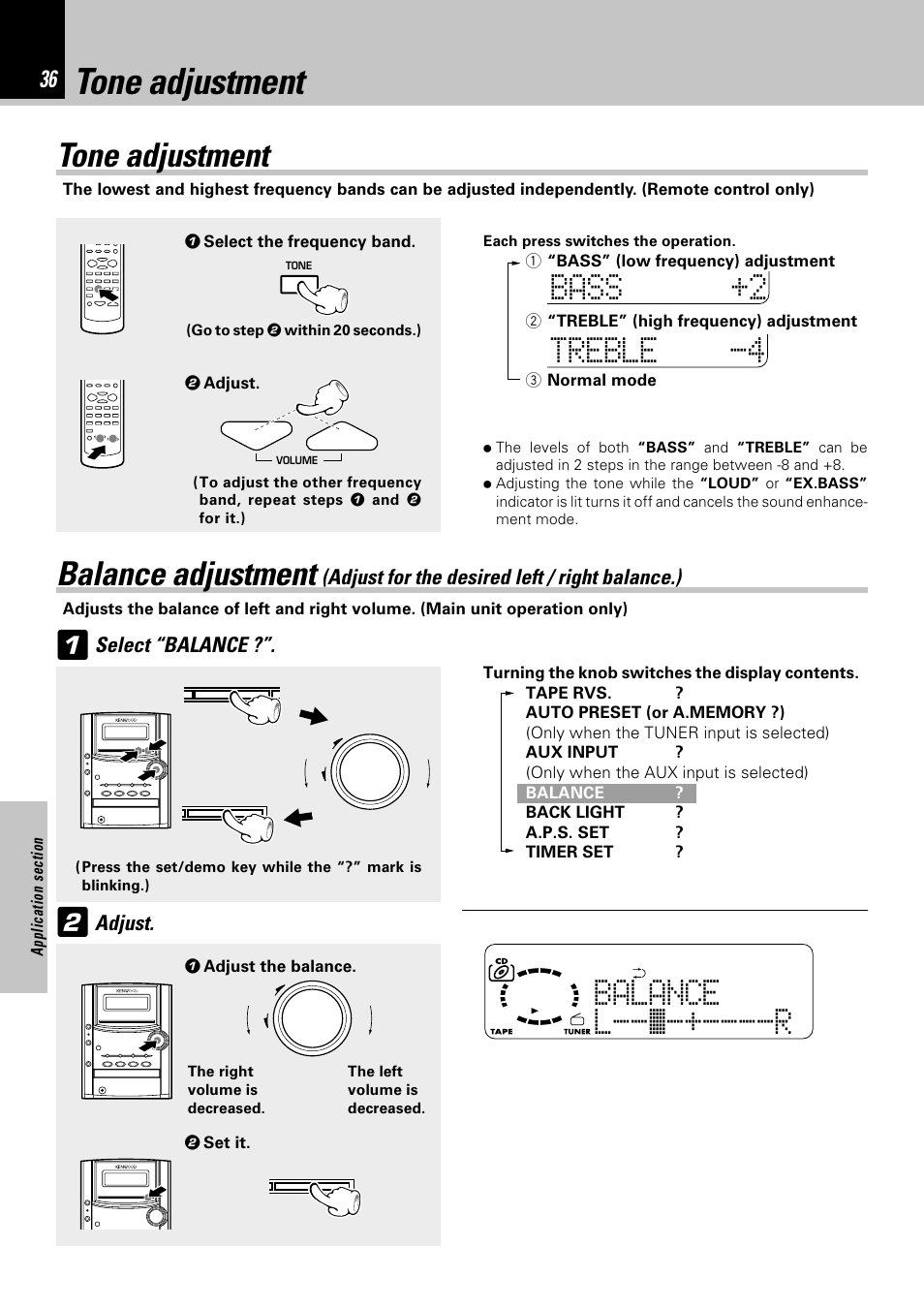 Tone adjustment, Balance adjustment, Lbalance --•-+----r | Kenwood HM-332 User Manual | Page 36 / 48