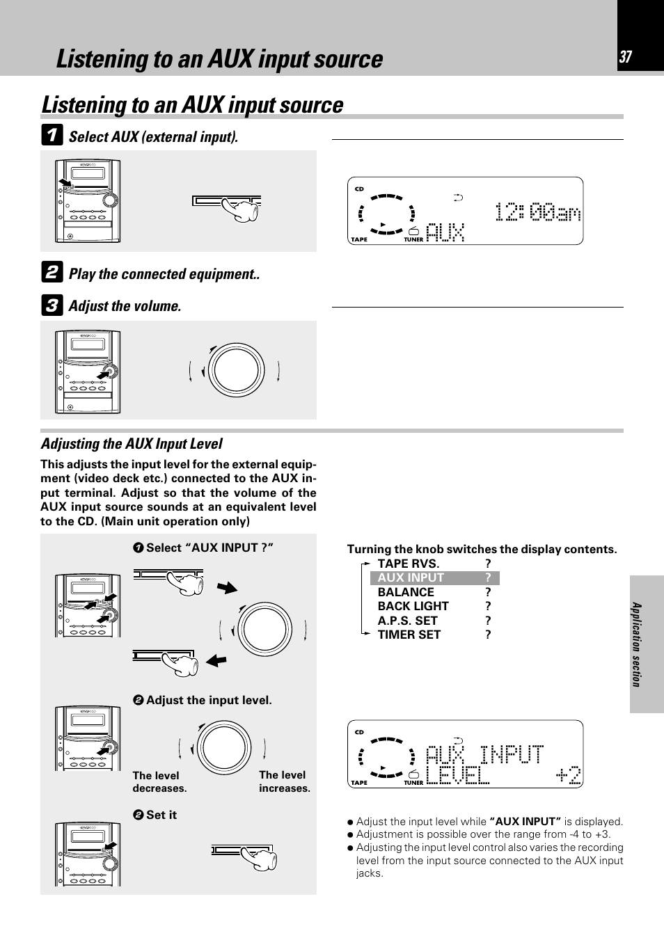 Listening to an aux input source | Kenwood HM-332 User Manual | Page 37 / 48