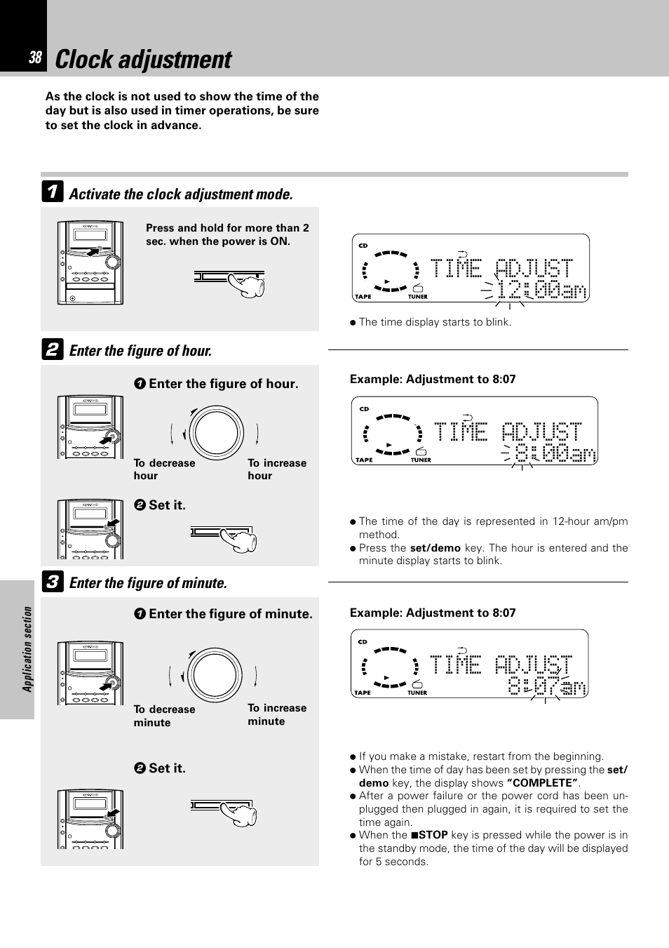 Clock adjustment | Kenwood HM-332 User Manual | Page 38 / 48