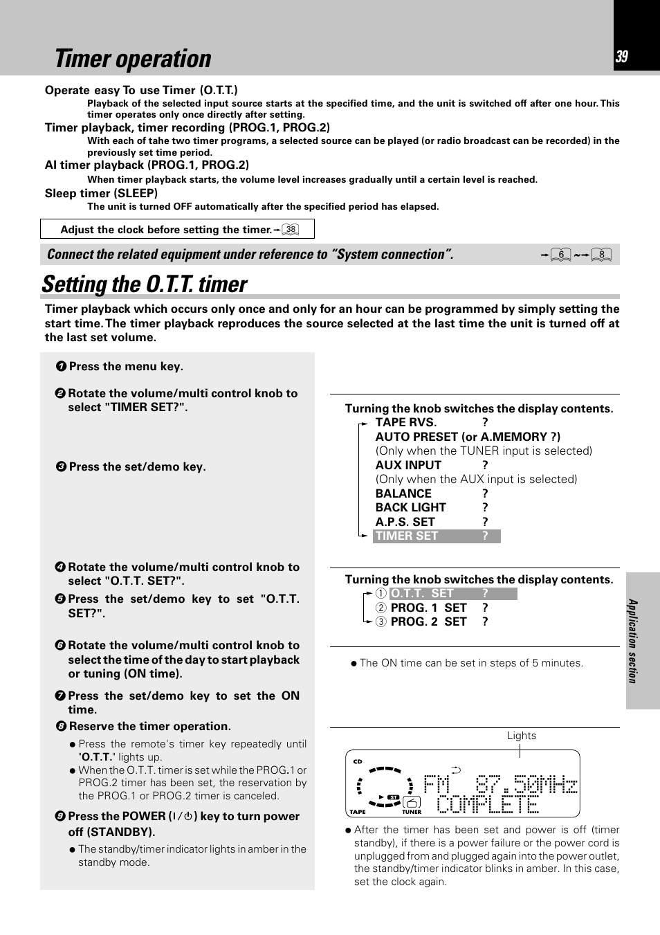 Timer operation, Setting the o.t.t. timer, Fm 87.50mhz complete w e | Kenwood HM-332 User Manual | Page 39 / 48