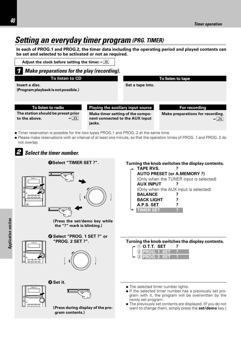 Setting an everyday timer program (prg. timer), Setting an everyday timer program, Prg. timer) | Make preparations for the play (recording), Select the timer number | Kenwood HM-332 User Manual | Page 40 / 48