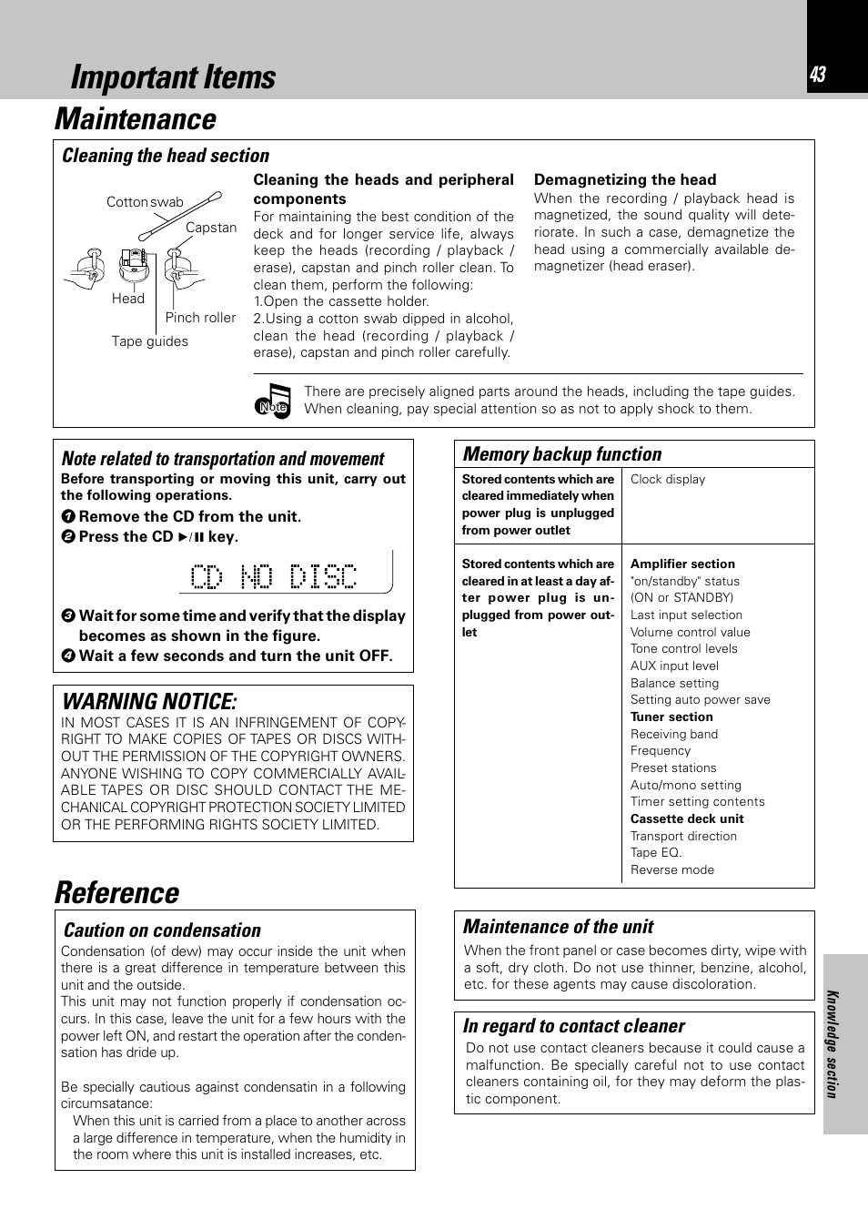 Important items, Maintenance, Reference | Maintenance reference, Warning notice | Kenwood HM-332 User Manual | Page 43 / 48