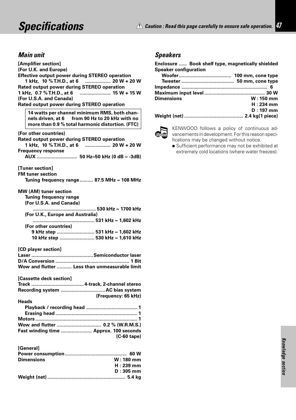 Specifications, Main unit, Speakers | Kenwood HM-332 User Manual | Page 47 / 48