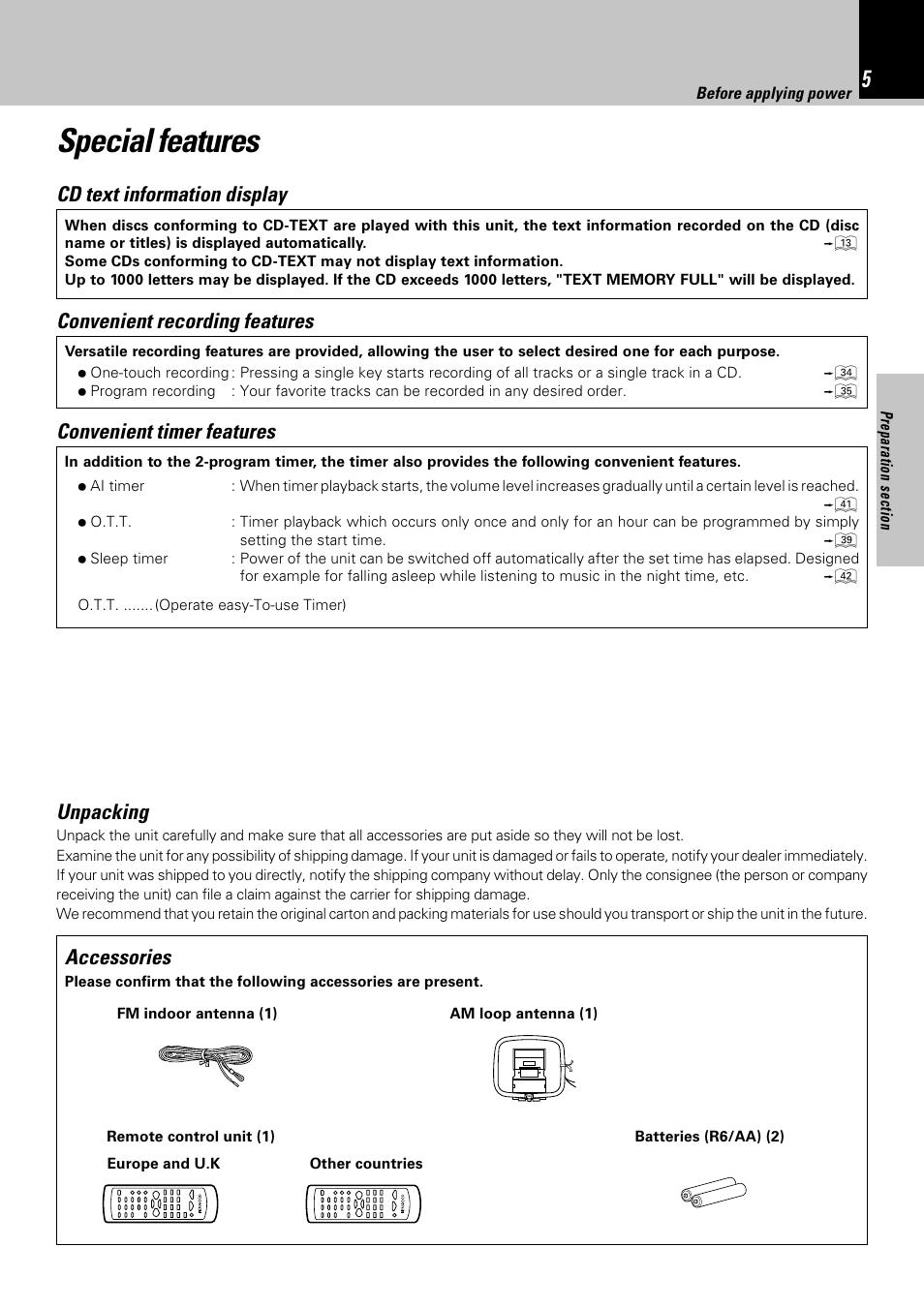 Special features, Unpacking, Cd text information display | Convenient recording features, Convenient timer features, Accessories | Kenwood HM-332 User Manual | Page 5 / 48