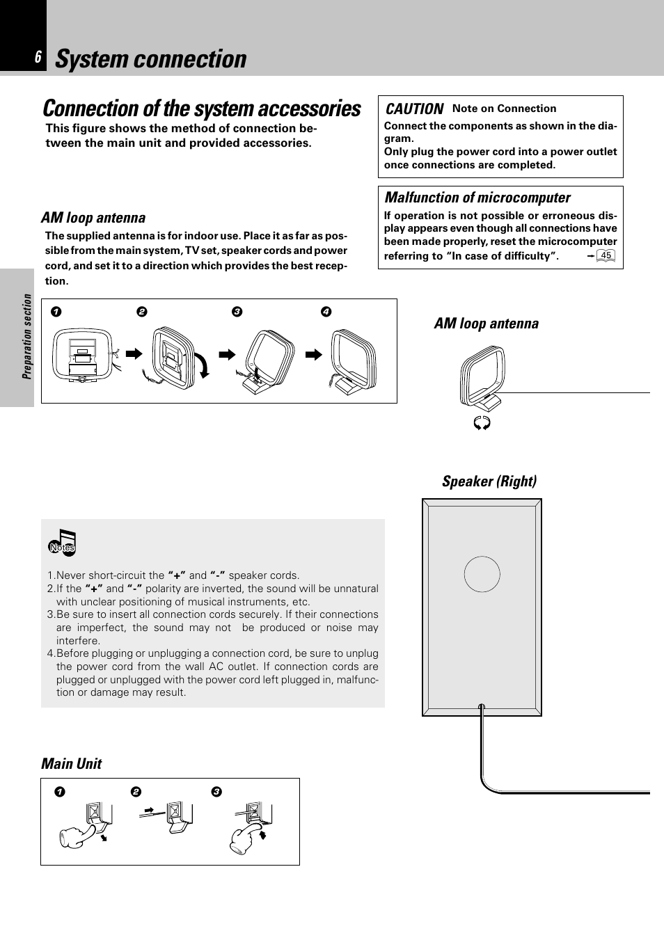 System connection, Connection of the system accessories, Malfunction of microcomputer | Am loop antenna, Speaker (right) main unit caution | Kenwood HM-332 User Manual | Page 6 / 48