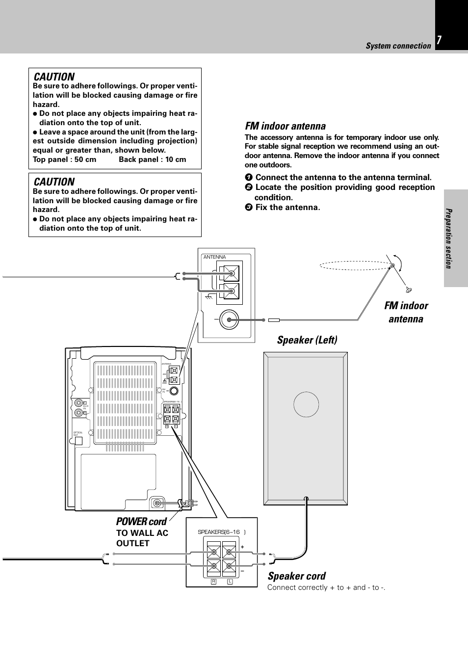 Fm indoor antenna, Speaker (left) speaker cord power cord, Fm indoor antenna caution | Caution, System connection | Kenwood HM-332 User Manual | Page 7 / 48