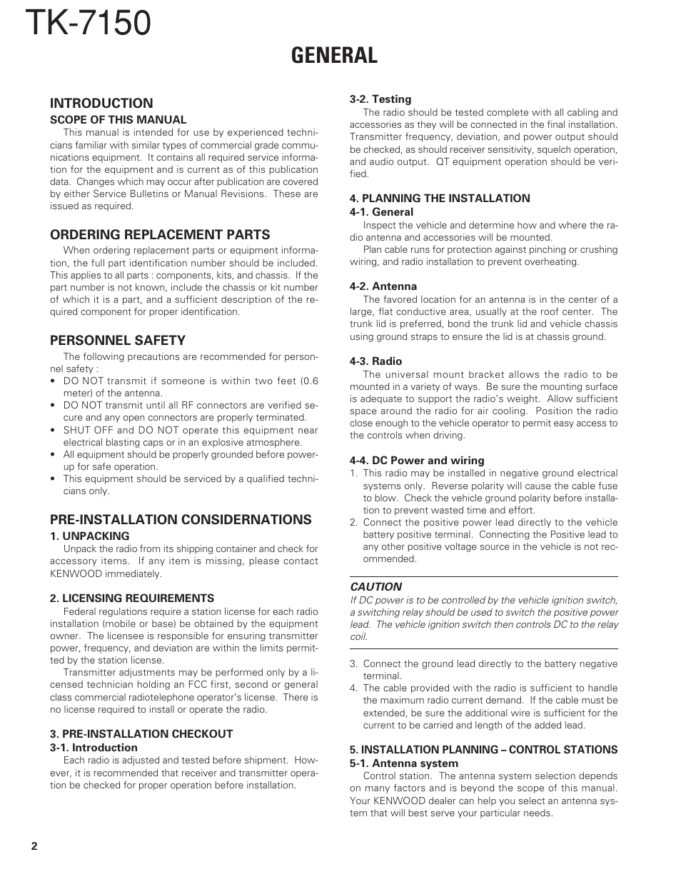 General, Introduction, Ordering replacement parts | Personnel safety, Pre-installation considernations, Tk-7150 | Kenwood TK-7150 User Manual | Page 2 / 58