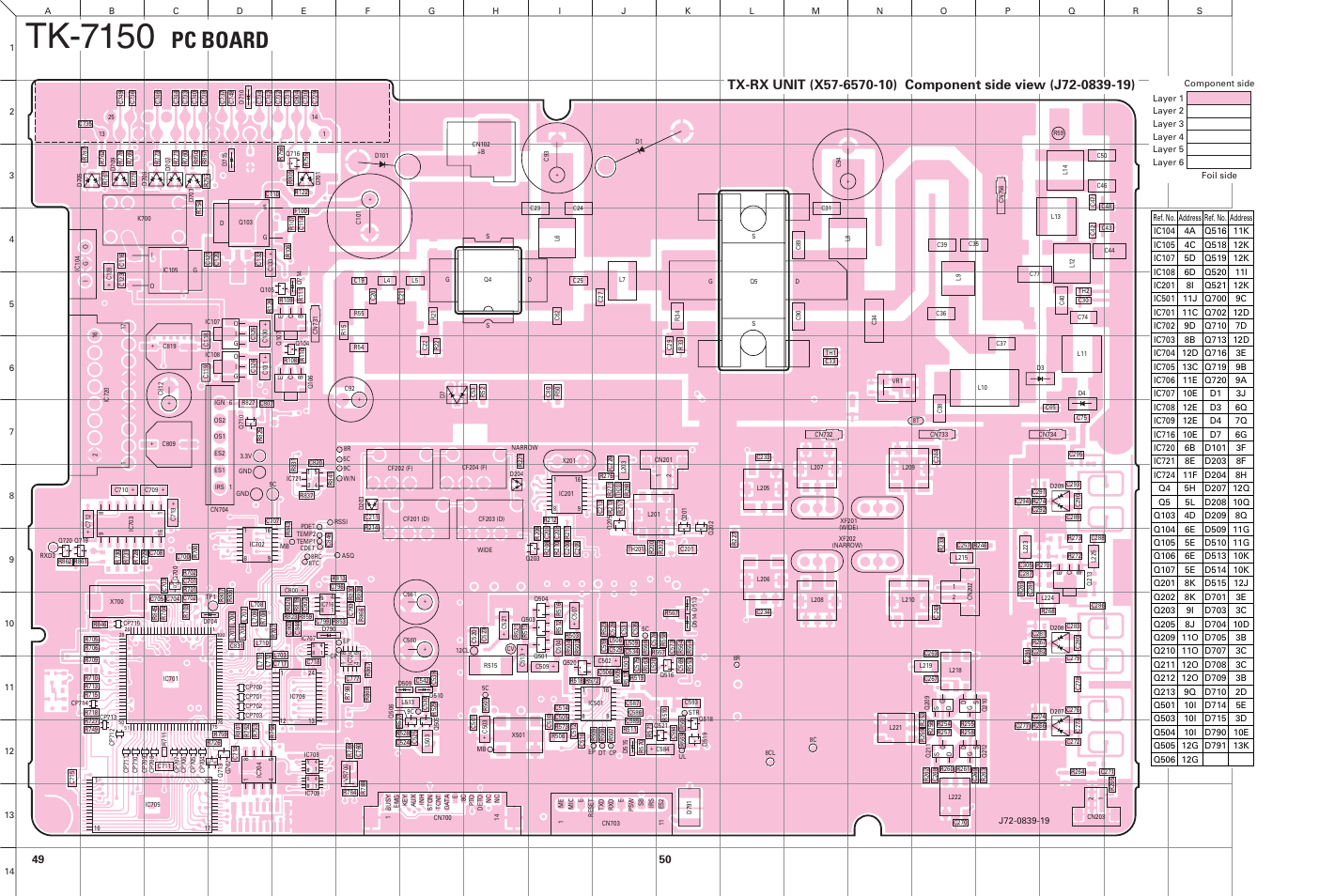 Tx-rx unit (x57-6570-10) component side view, Tk-7150, Pc board | Kenwood TK-7150 User Manual | Page 47 / 58