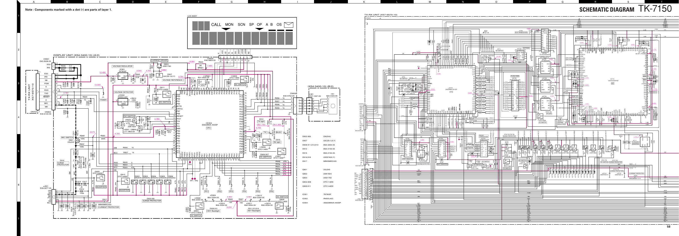 Schematic diagram, Display unit (x54-3400-10), Tx-rx unit (x57-6570-10) (1/2) | Tk-7150, Call, Sp op os a b mon | Kenwood TK-7150 User Manual | Page 50 / 58