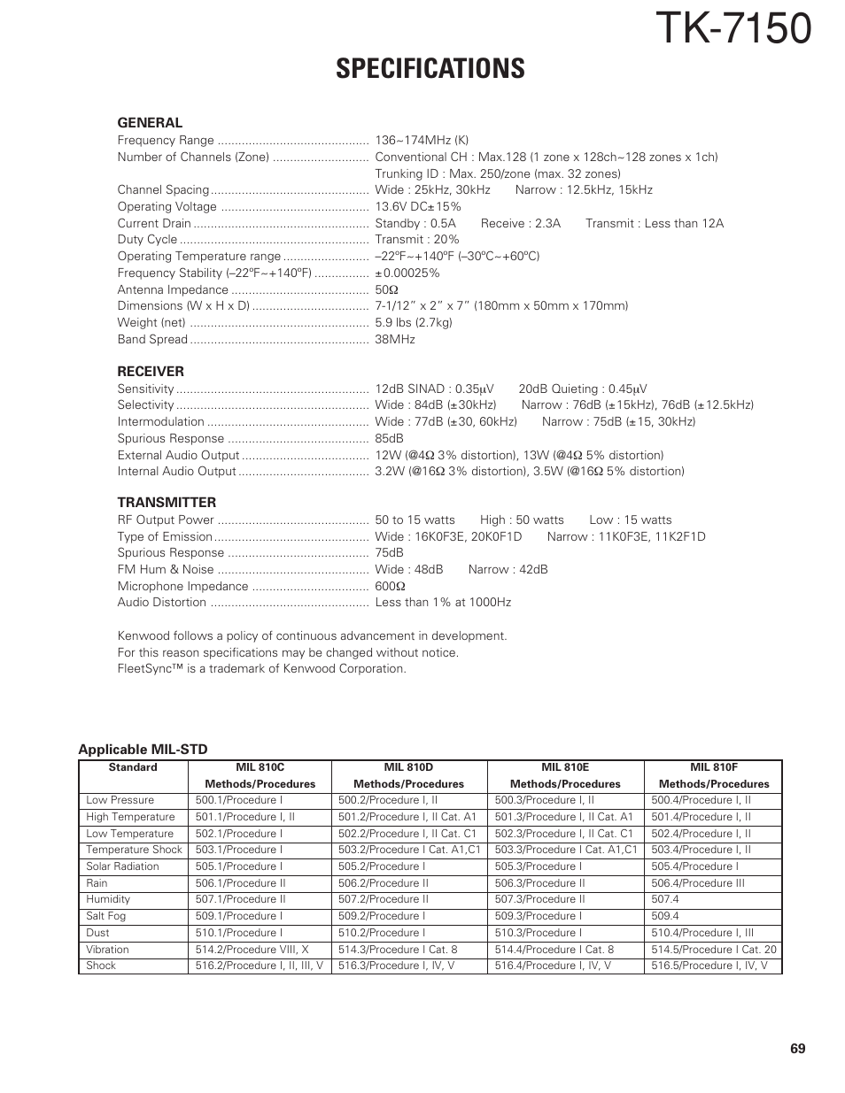 Specifications, Tk-7150 | Kenwood TK-7150 User Manual | Page 57 / 58